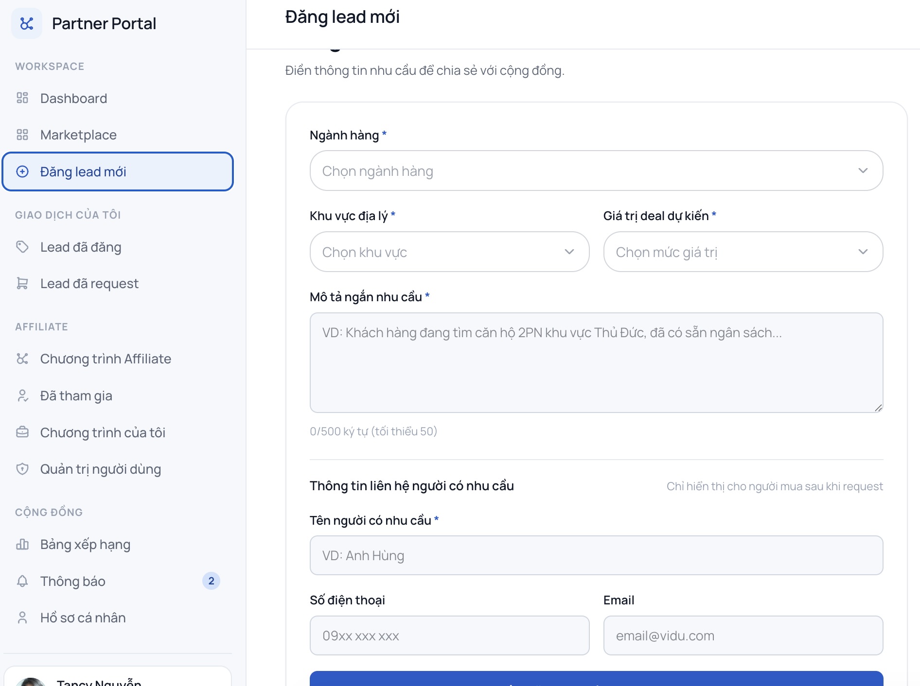 Form đăng lead mới